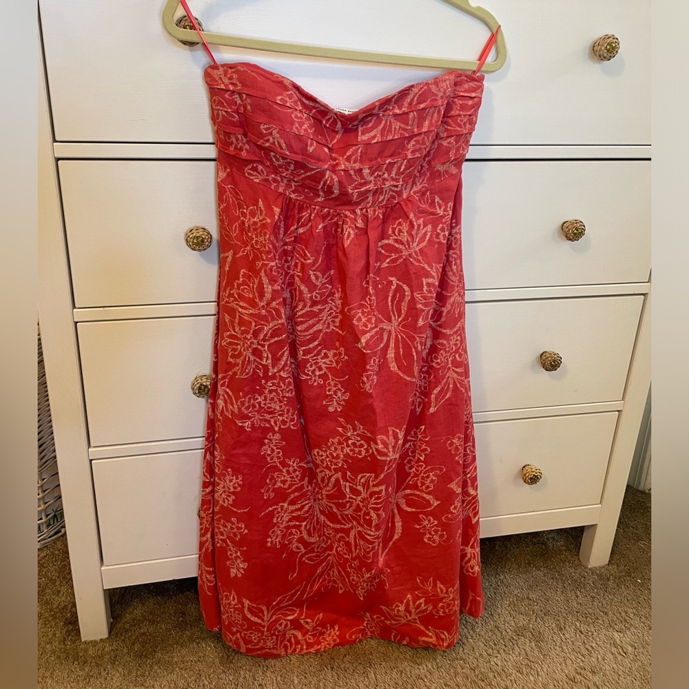 NWT Vintage Banana Republic 100% Linen Strapless Coral Floral Midi Dress